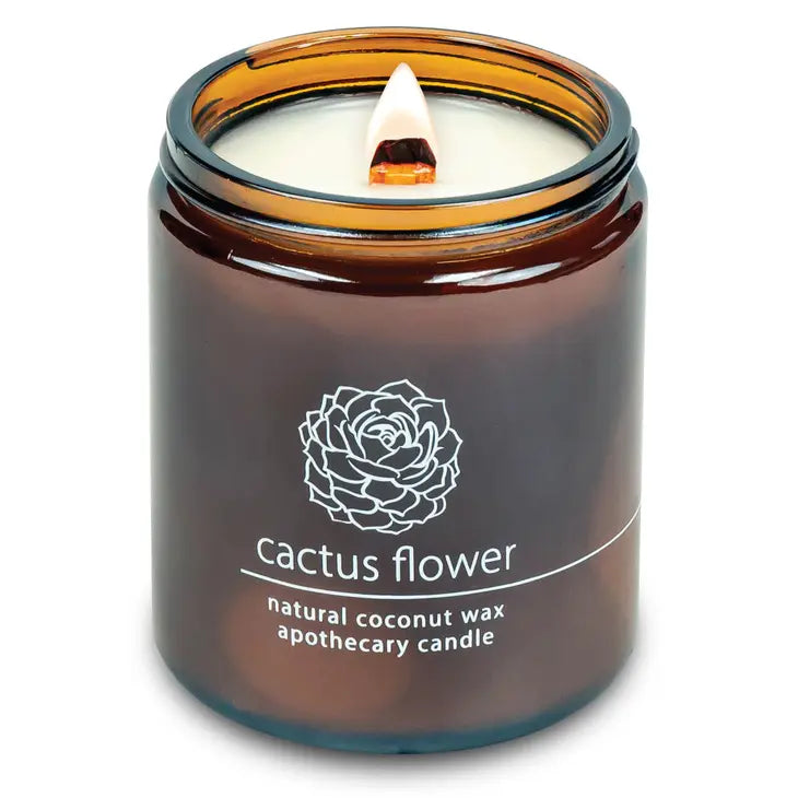 Coconut wax candle in amber jar with wood wick, cactus flower scent label
