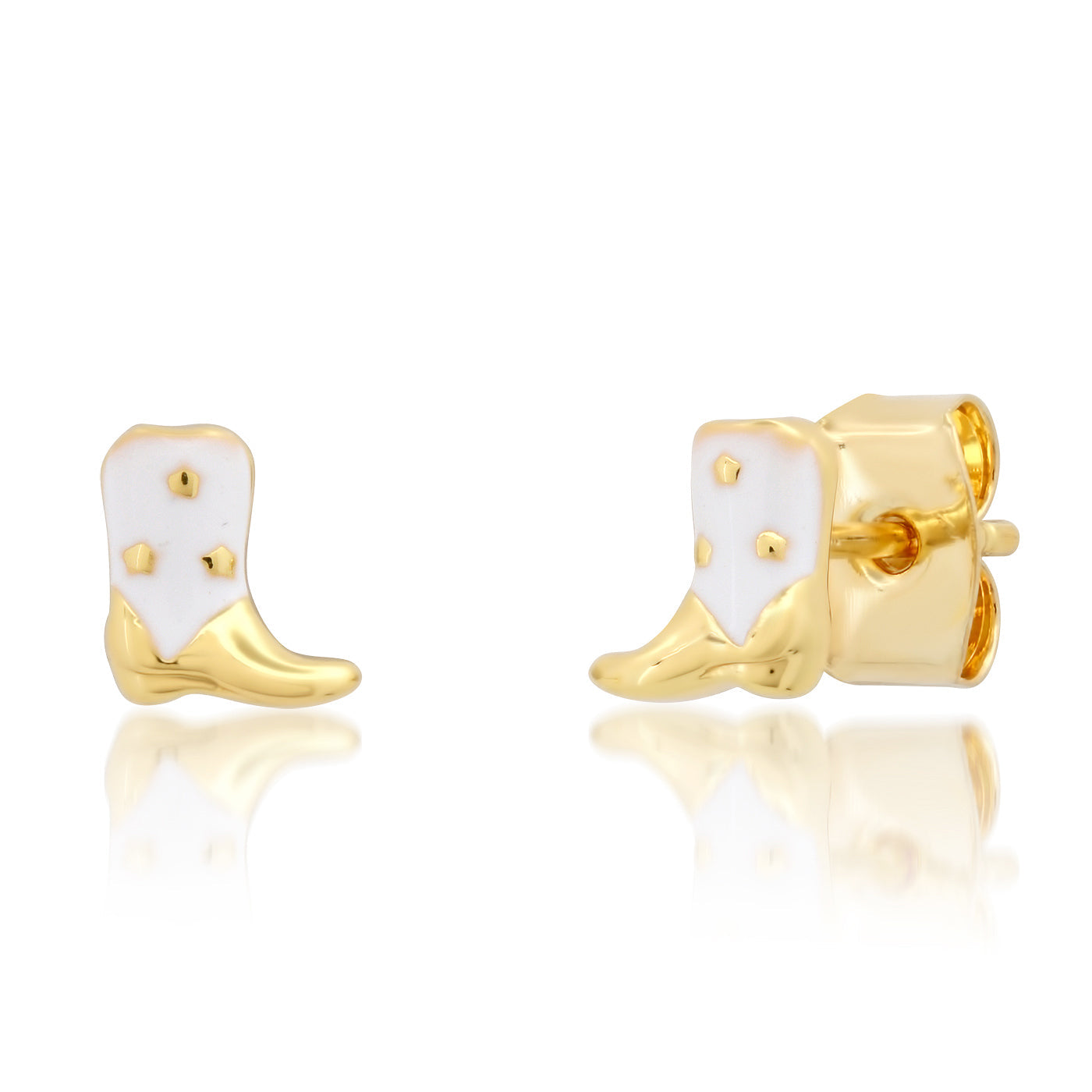 Cowboy boot enamel stud earrings, gold-tone with white enamel and rear post