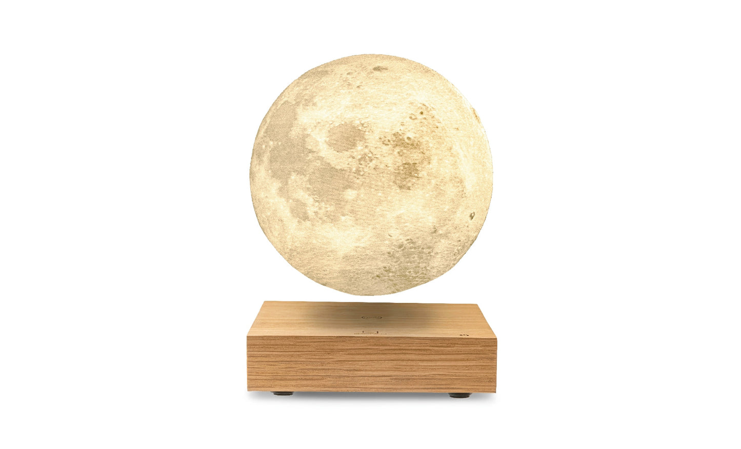 Moon lamp with glowing frosted sphere on light wood base, front view