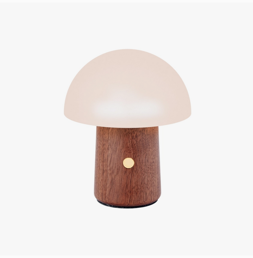 Mushroom table lamp with dark wood base and warm white dome shade