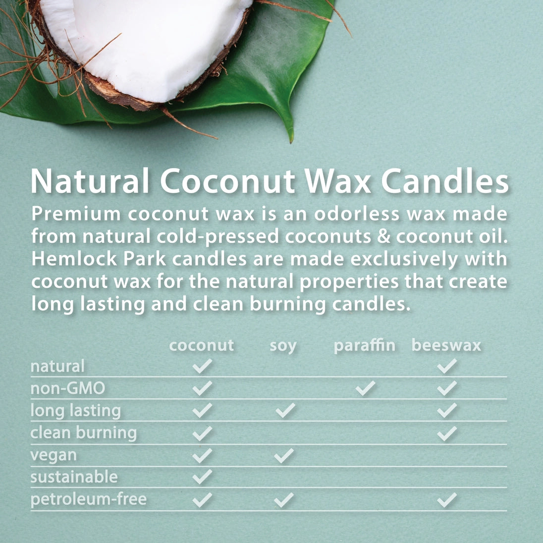 Coconut wax candle details graphic with checklist of natural, vegan, and non-GMO claims
