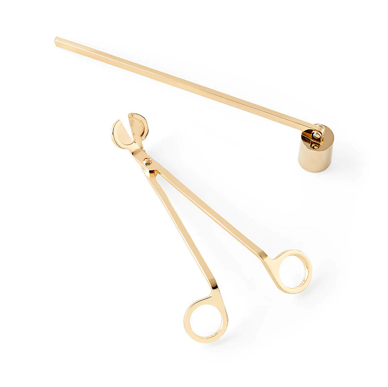 Gold metallic candle wick accessory set: wick trimmer and snuffer tools