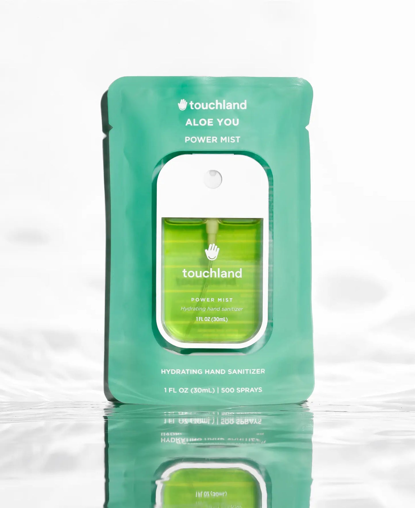 touchland Power Mist hydrating hand sanitizer pouch labeled ALOE YOU, green gel
