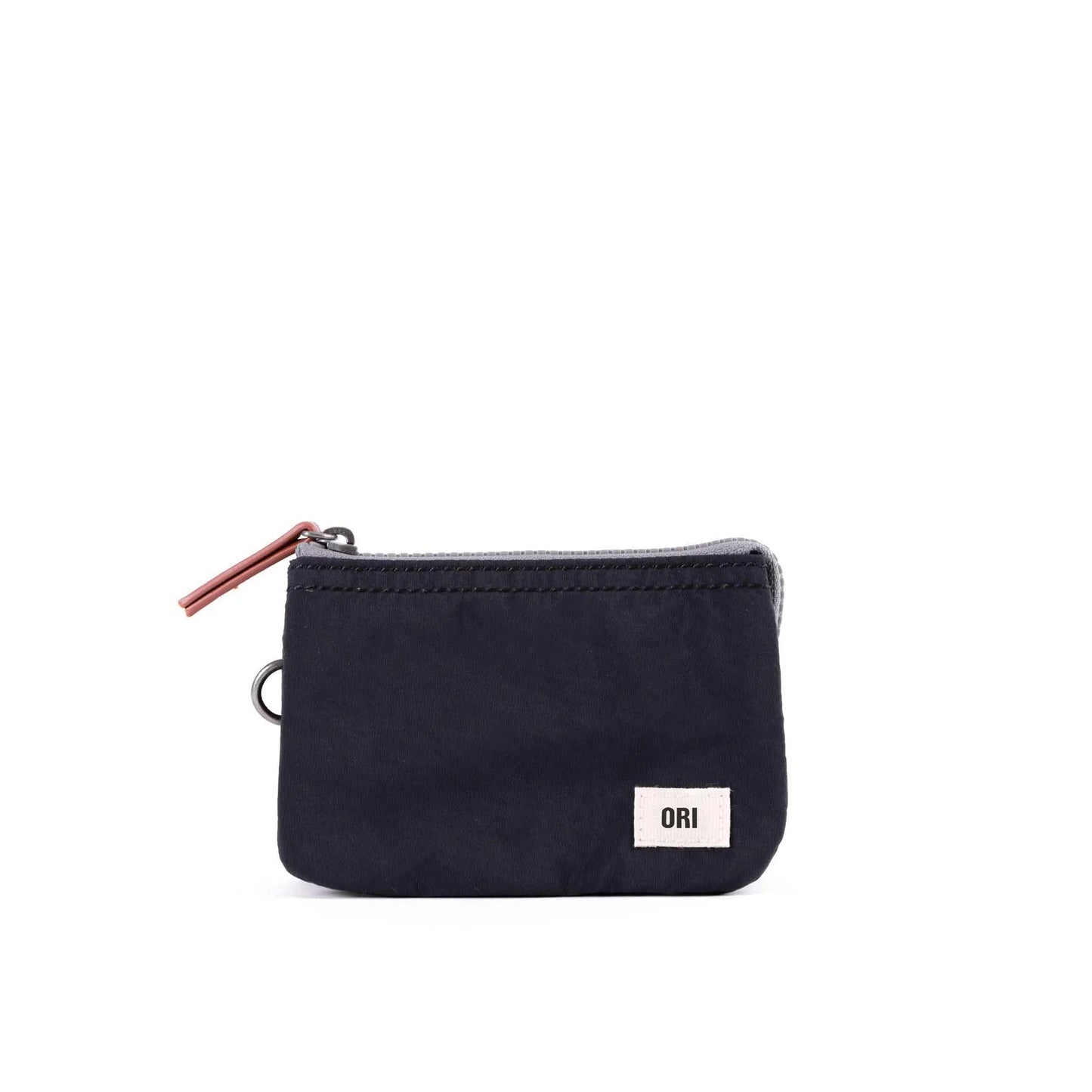 Small recycled canvas zipper pouch, dark navy with ring pull and leather-look tab