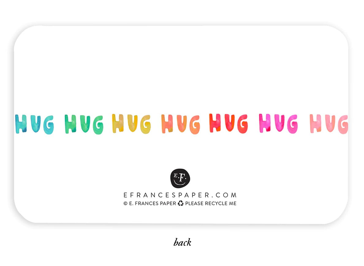 White note card back with repeating teal 'HUG' strip and E. Frances paper.com text