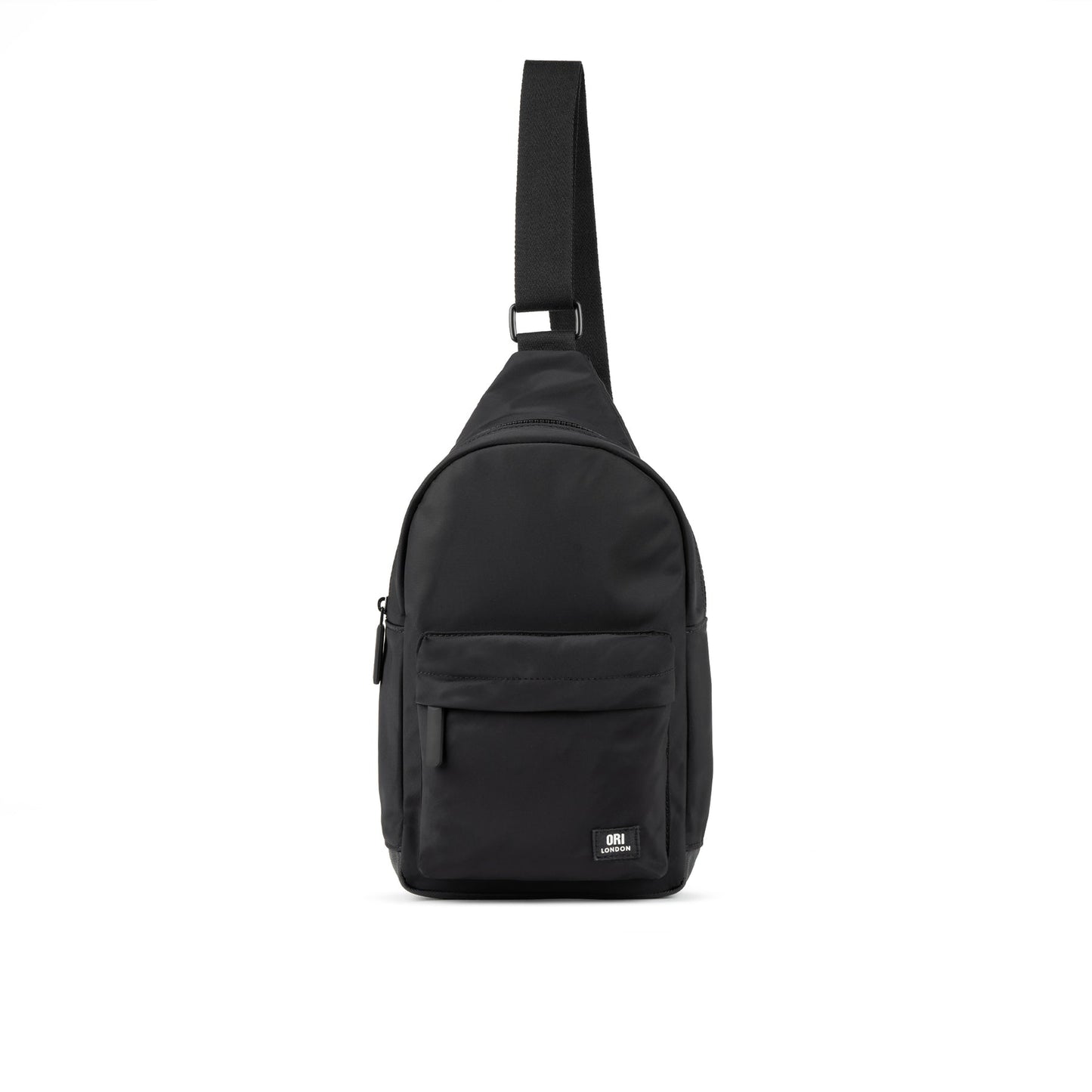 Black recycled nylon sling bag with front zipper pocket and gray shoulder strap