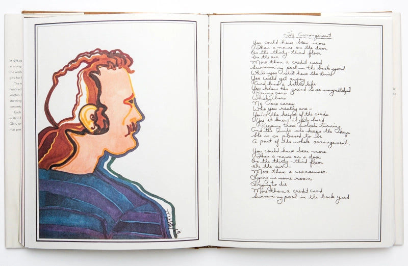 Open lyrics book with side-by-side portrait illustration and handwritten text pages