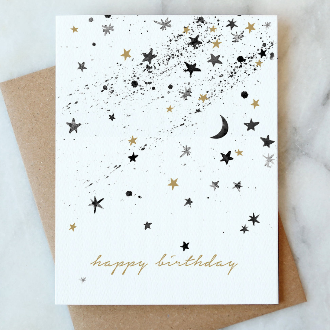 Birthday greeting card with star and moon pattern and “happy birthday” text