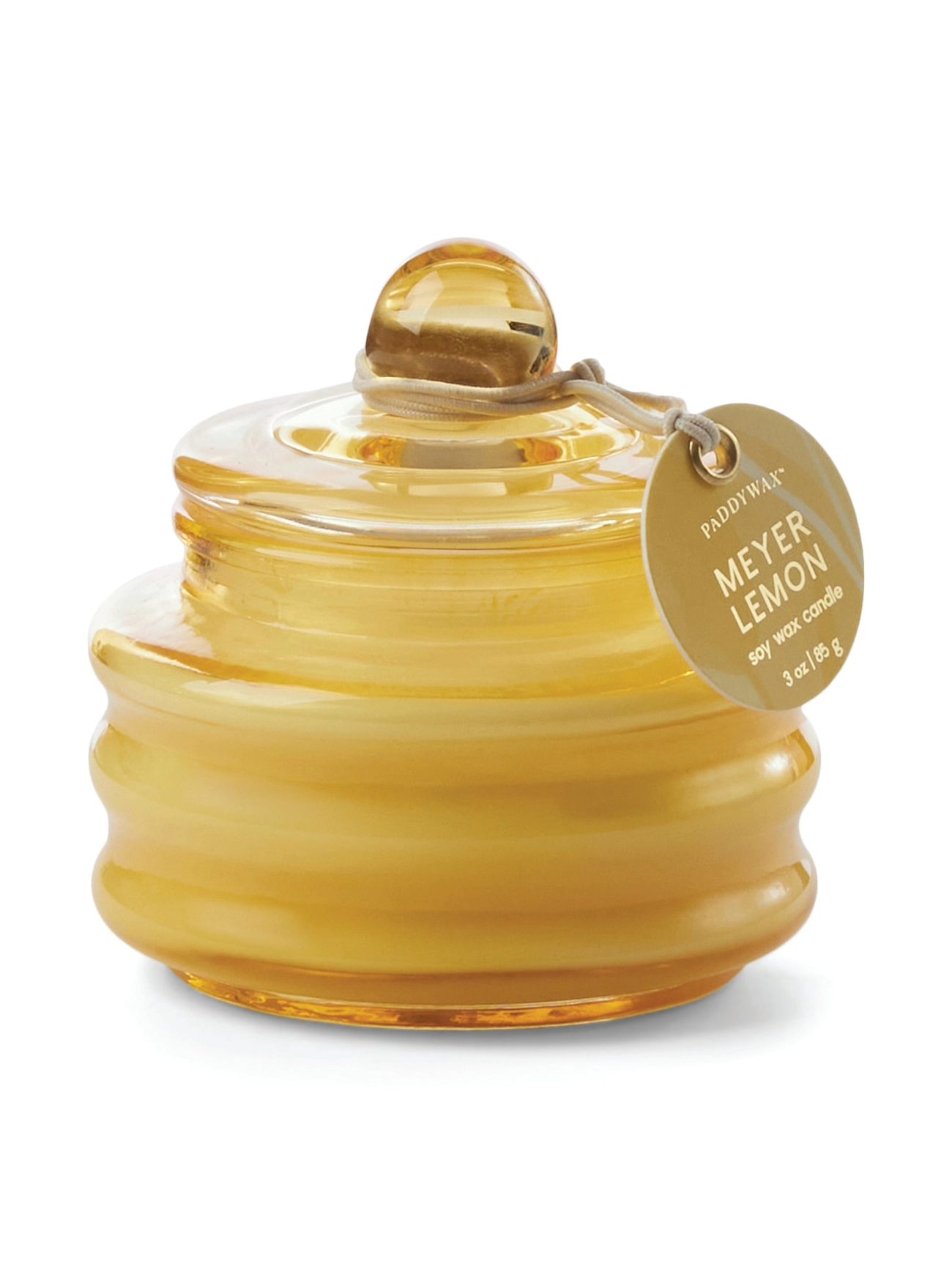 Meyer lemon-scent glass jar candle in yellow with dome lid and round tag
