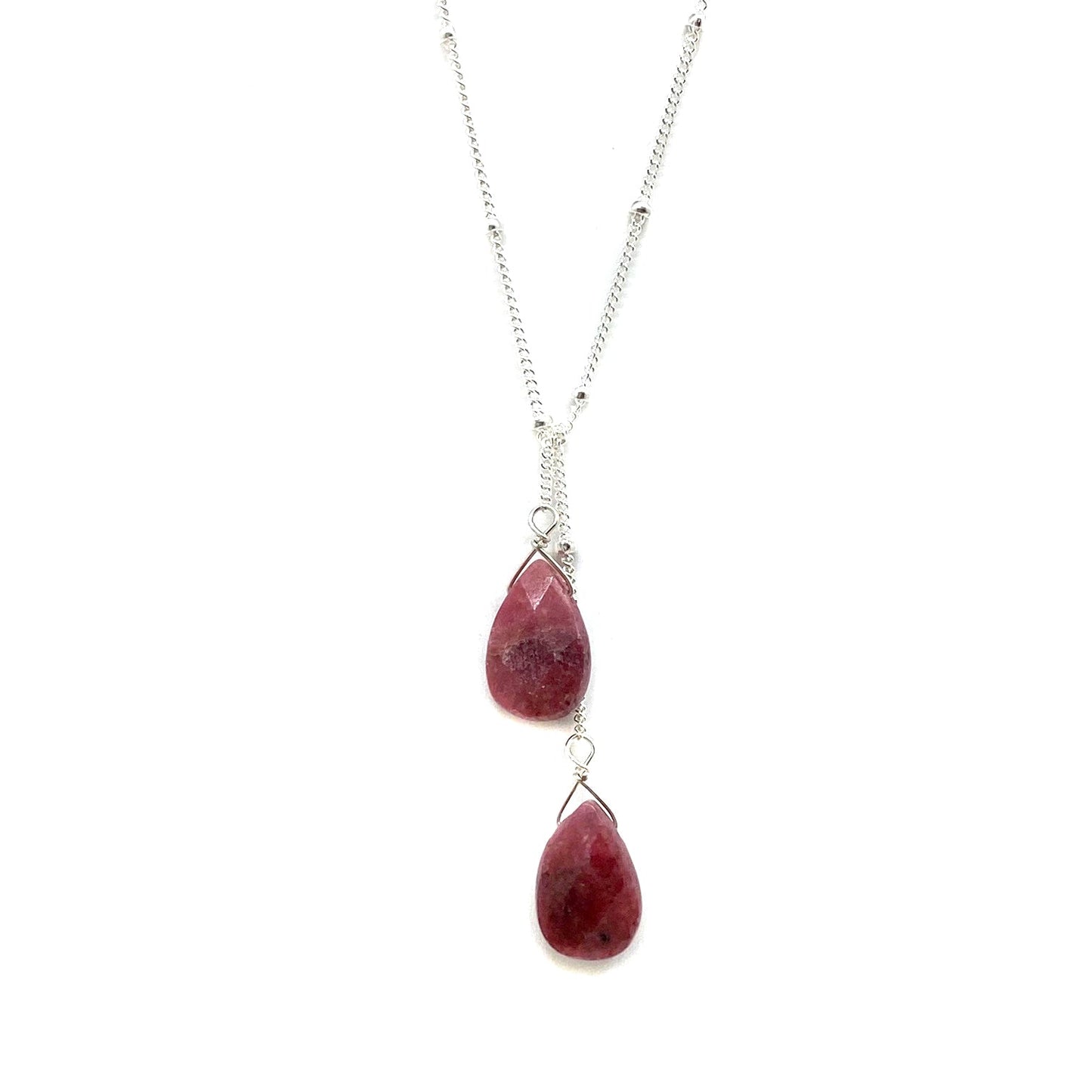 Sterling silver lariat necklace with two red teardrop stones