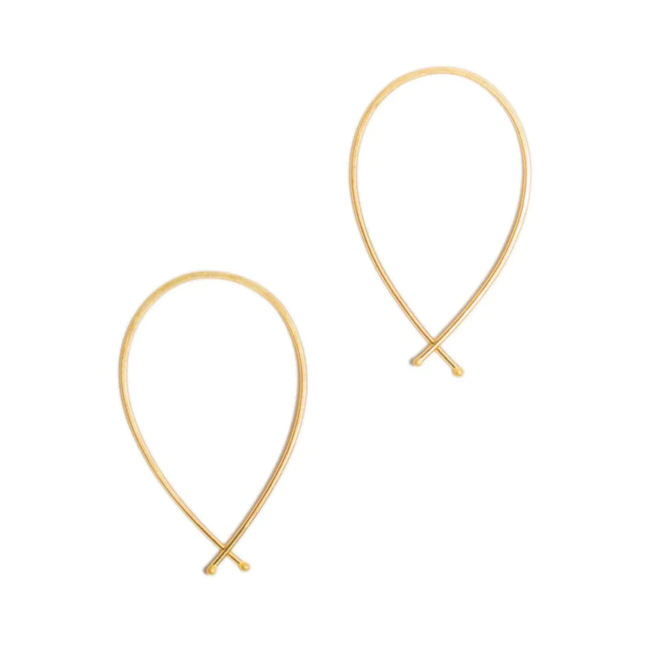 14k gold ribbon hoop earrings with teardrop loops and small cross detail