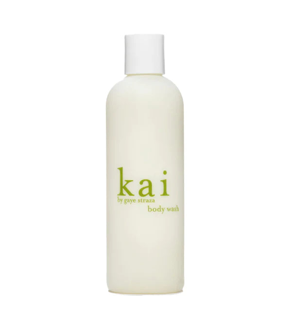 Kai body wash 8 oz bottle, pale cream plastic with green logo label