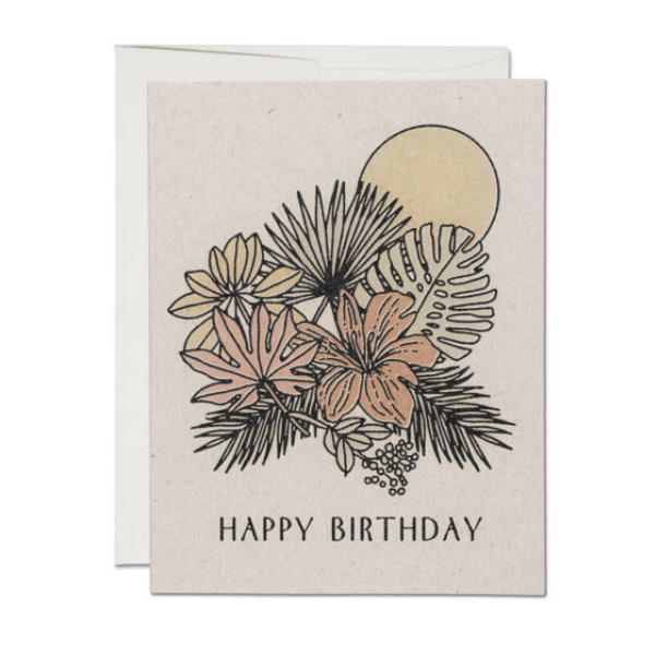 Birthday greeting card with tropical leaf and flower line art, Happy Birthday text