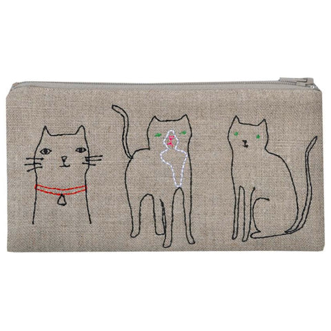 Small linen pouch with cat line art, zip closure, light beige