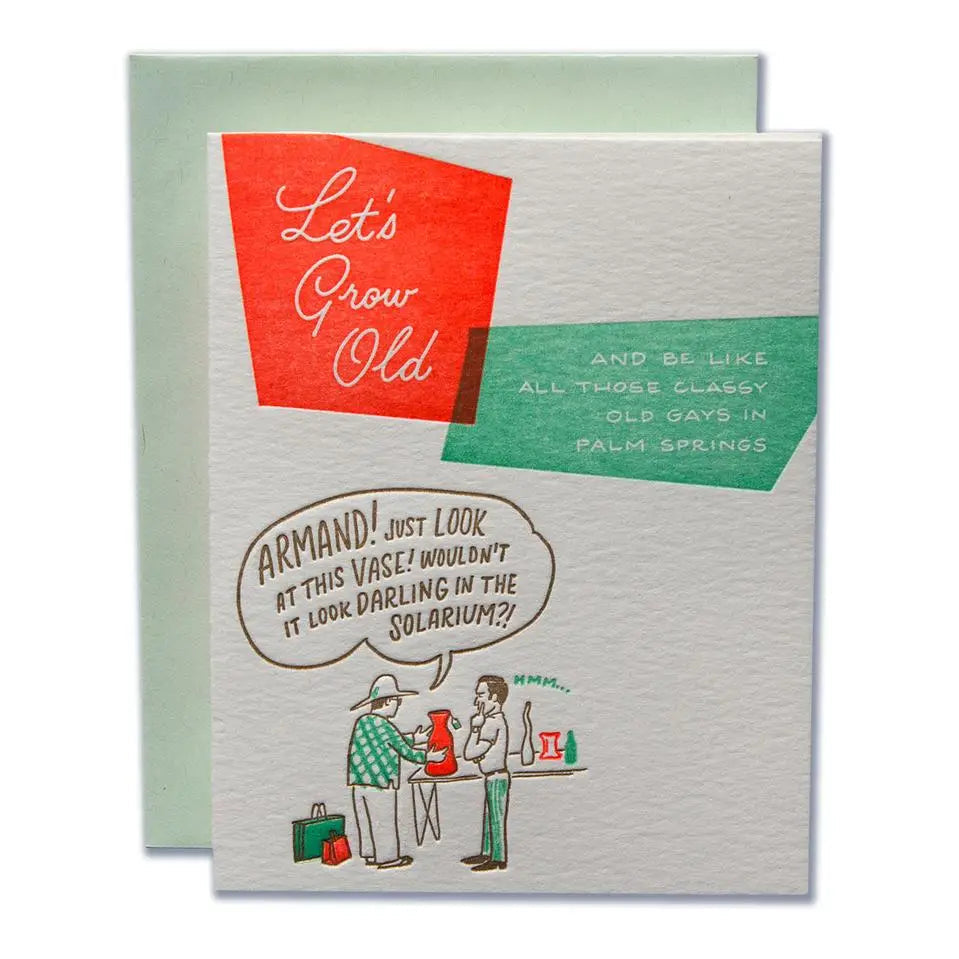 Greeting card with red and green text blocks and humorous vintage illustration of people