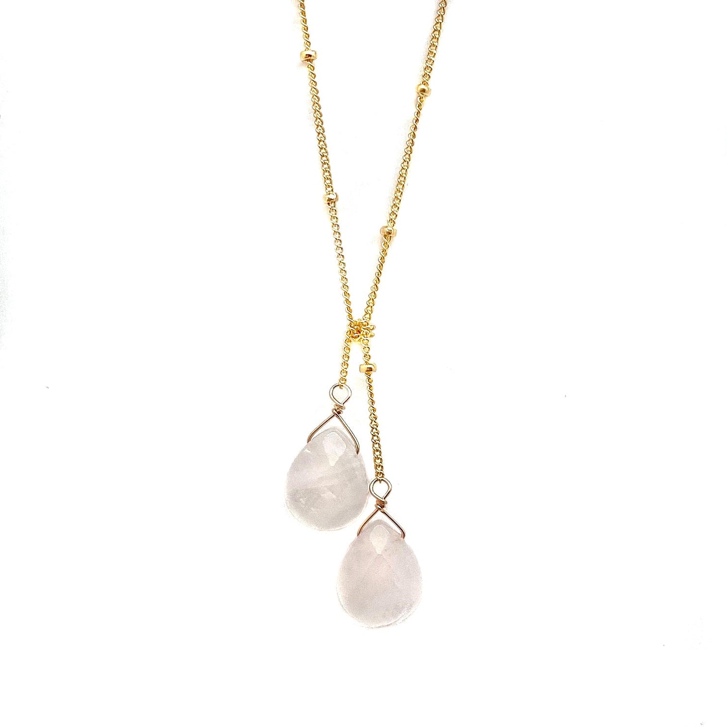 Gold-filled lariat necklace with two pale pink teardrop stone drops