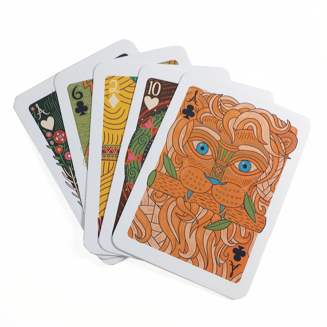 Tarot card deck with five illustrated cards, including orange-haired face