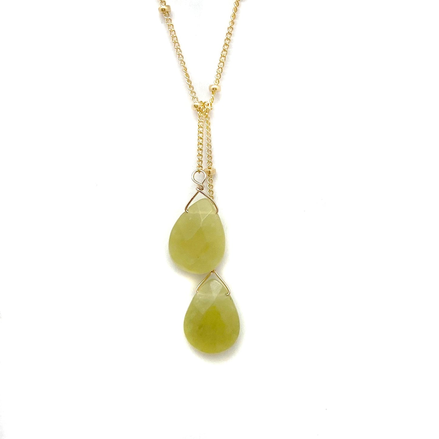 Gold-filled lariat necklace with gold chain and two green teardrop drops