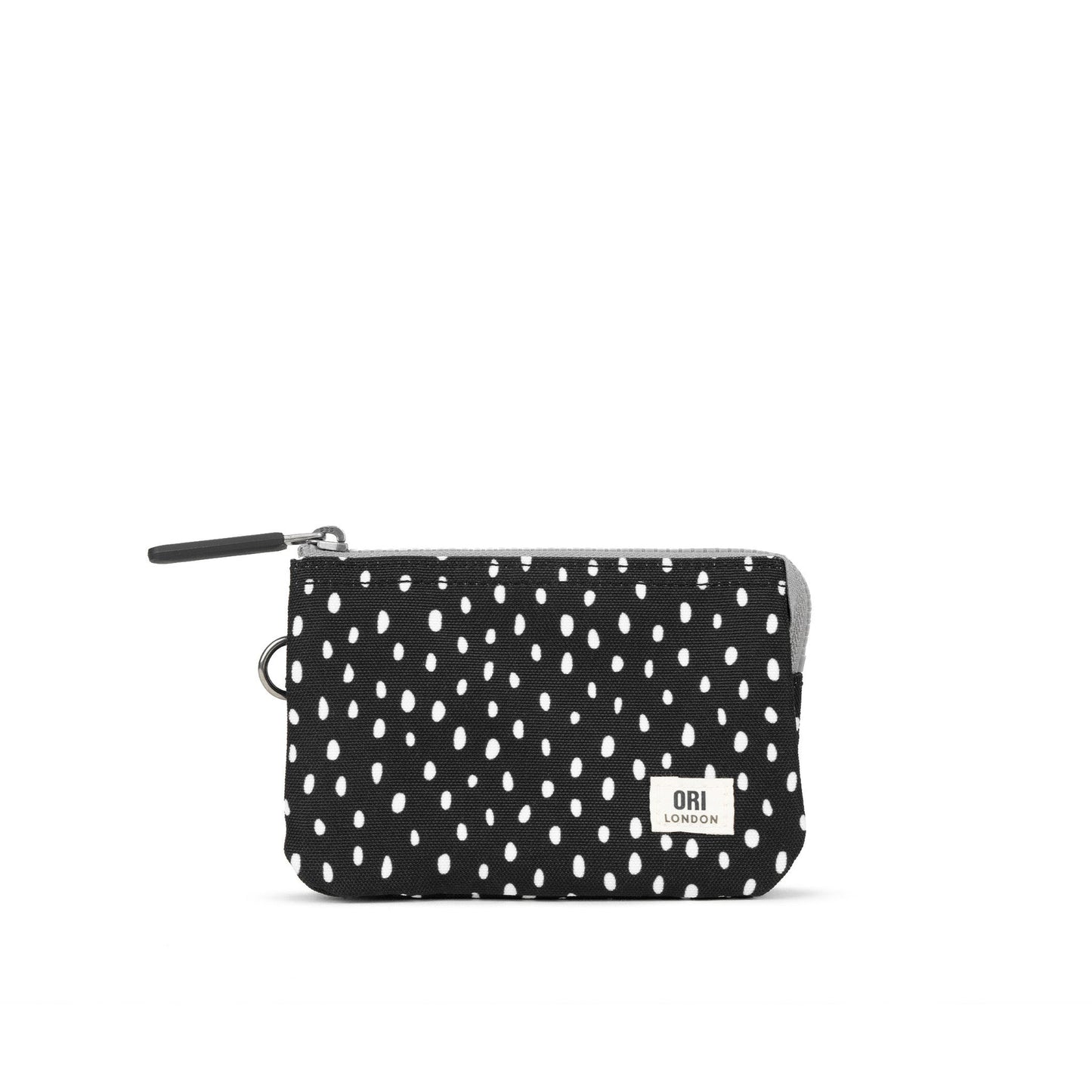 Small recycled canvas zipper pouch, black with white speckles and zipper pull