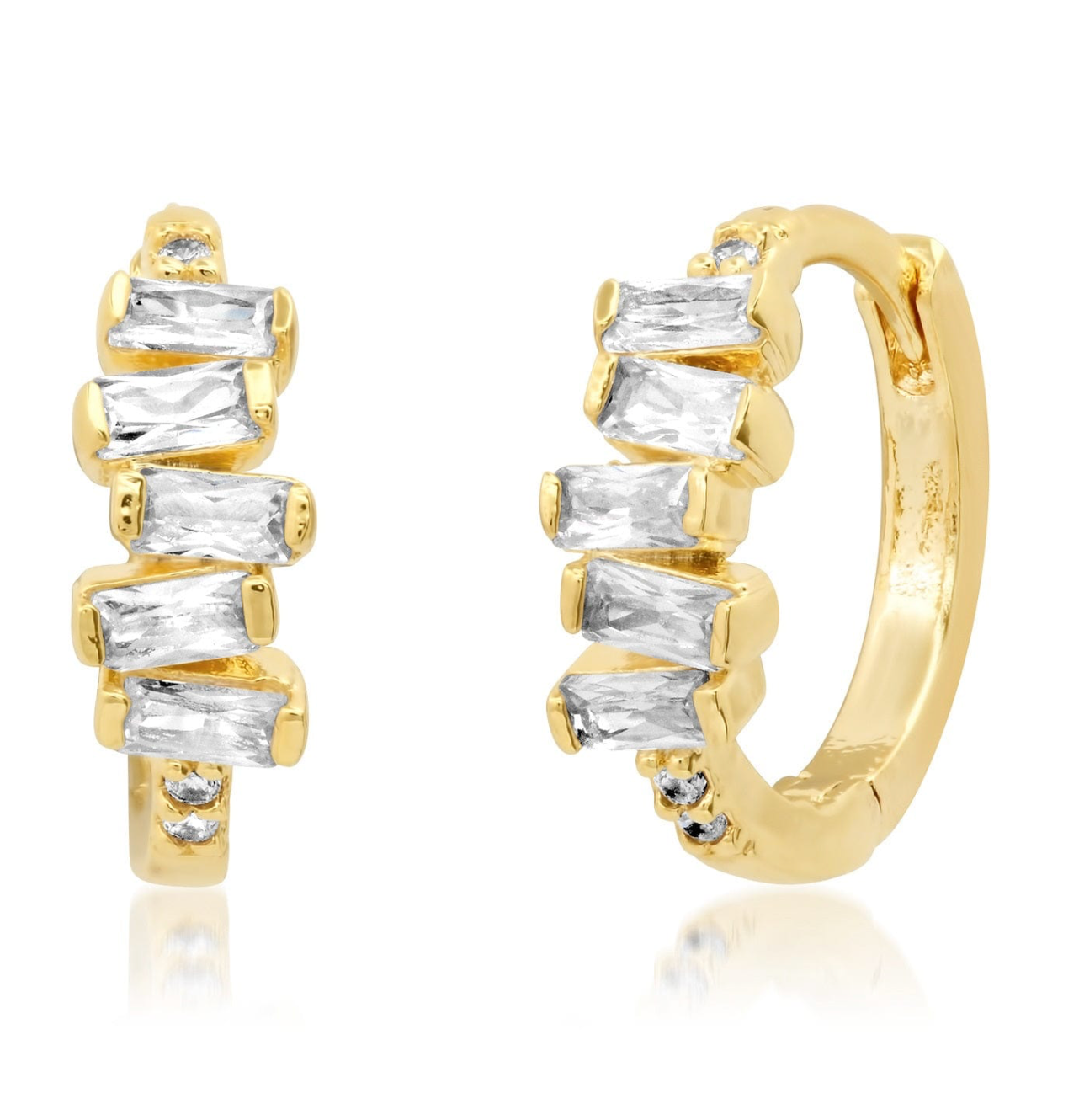 Gold-tone stacked baguette huggie earrings with clear crystal and small stud accents