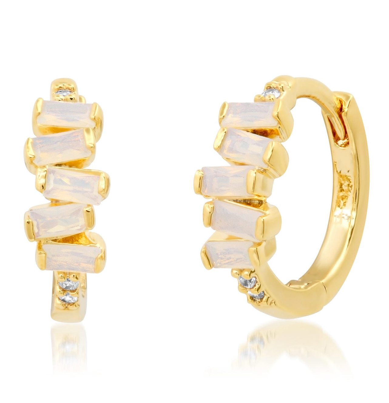 Gold-tone stacked baguette huggie earrings with white crystal baguette stones and small clear accents