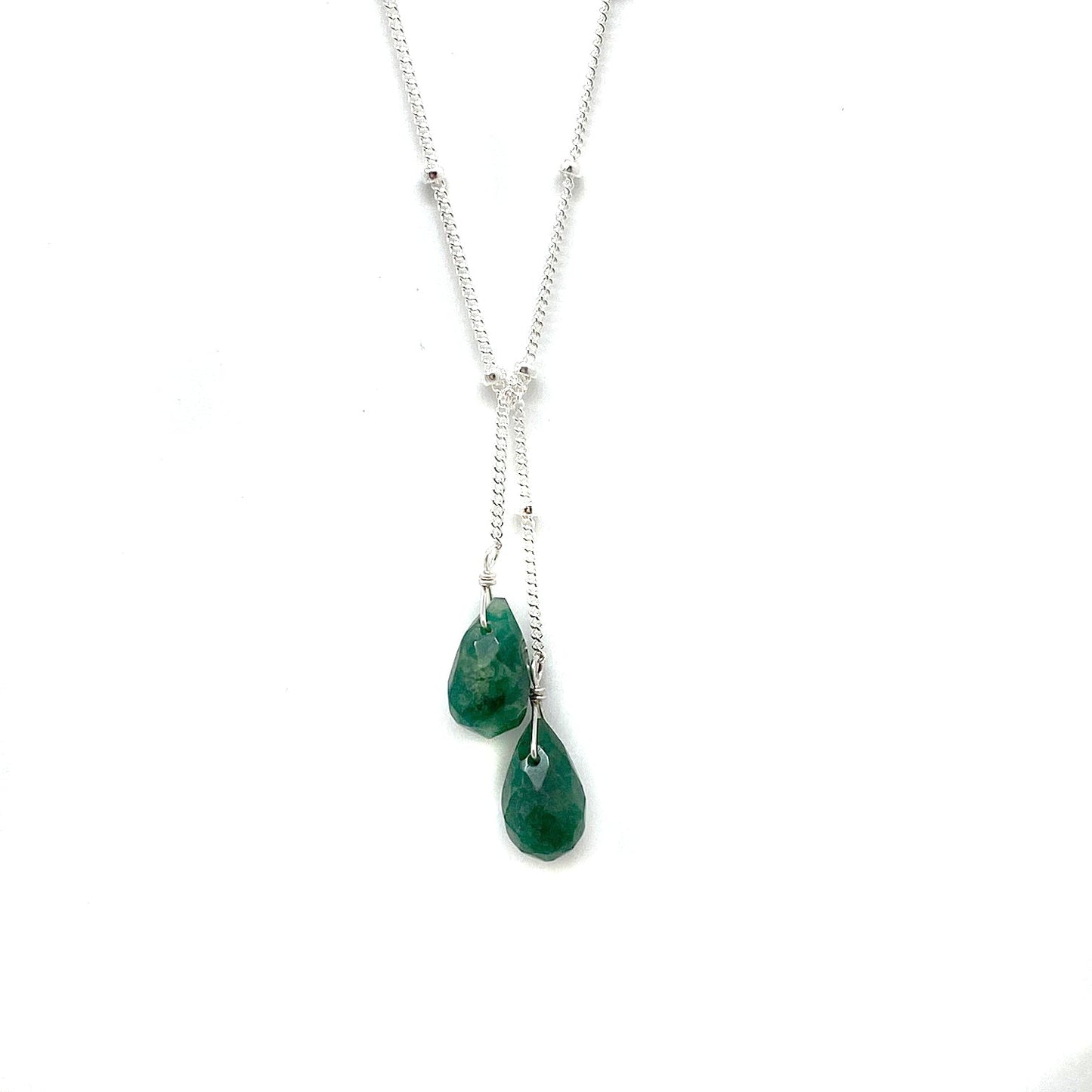 Sterling silver lariat necklace with two deep green teardrop stones