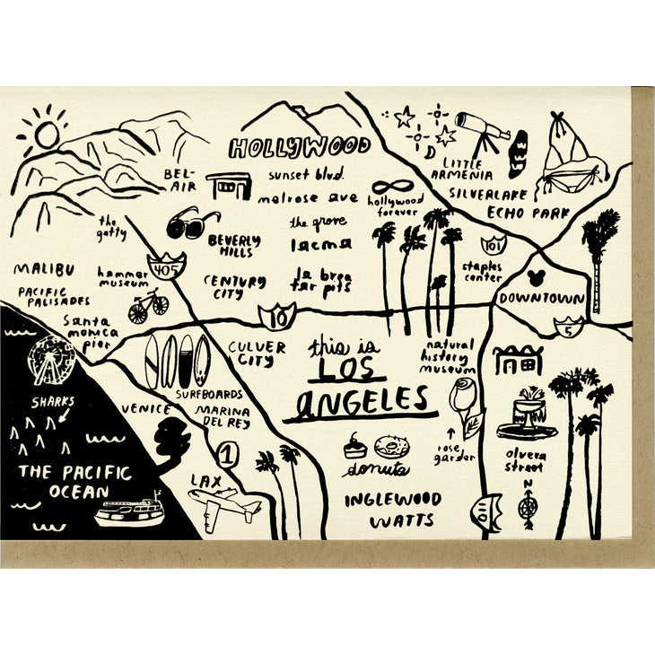Los Angeles map card, cream background with black line-art streets and palm trees