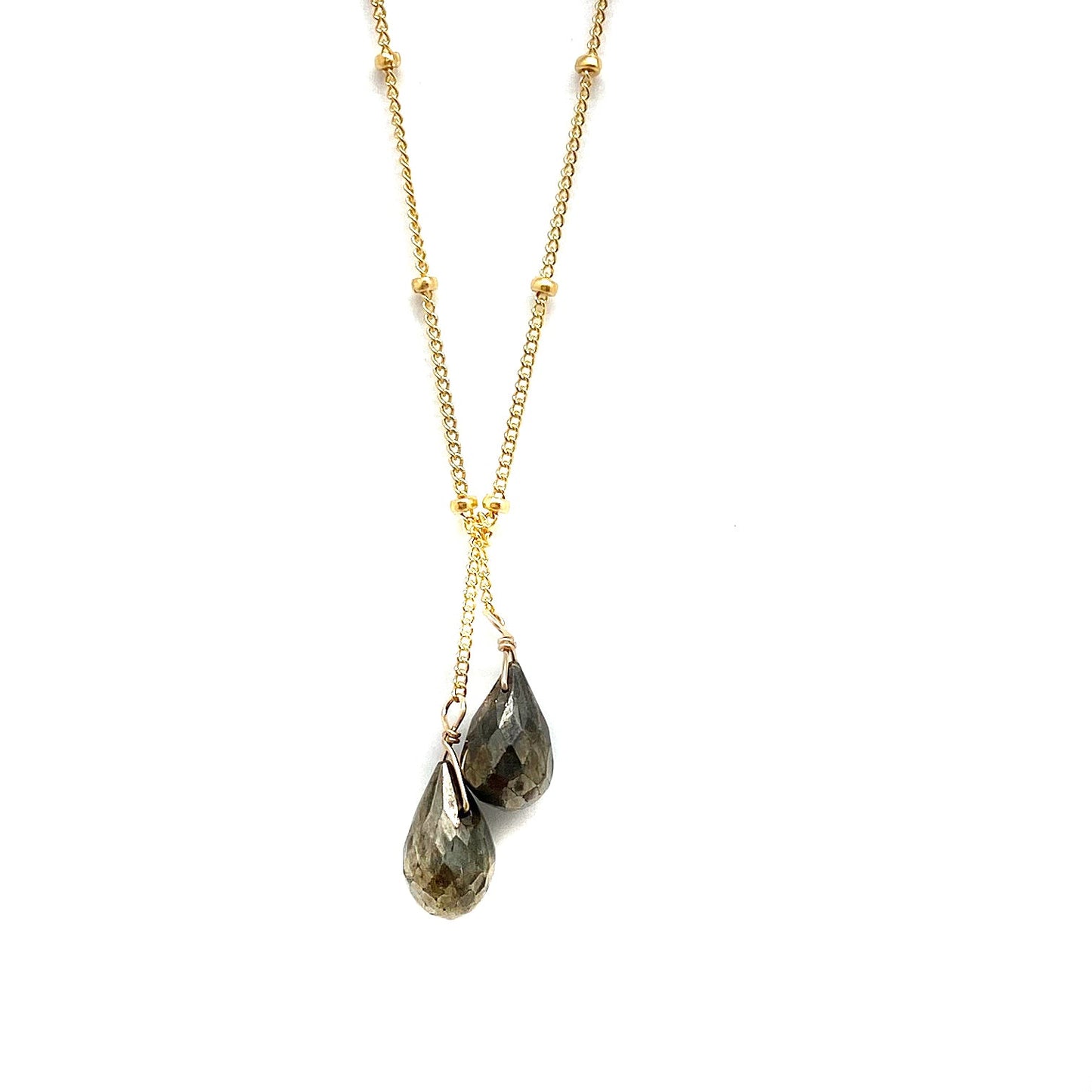 Gold-filled lariat necklace with two dark gray teardrop stone drops