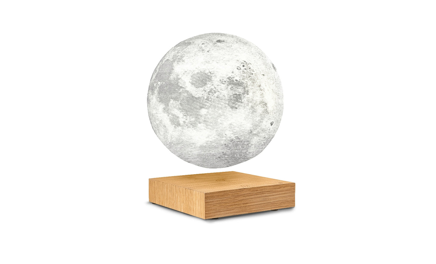 Moon-shaped lamp with glowing white sphere on light wood rectangular base
