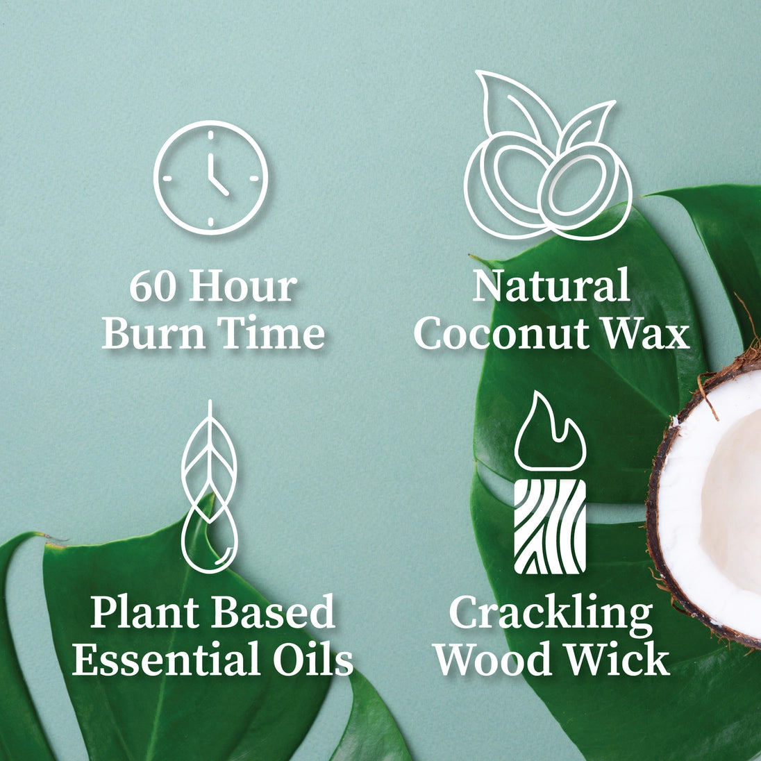 Coconut wax candle graphic: 60 hour burn time, plant essential oils, crackling wood wick
