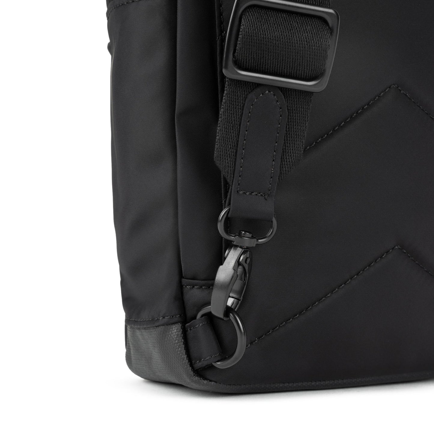 Black recycled nylon sling bag with gray strap, metal clips, and side D-ring hardware