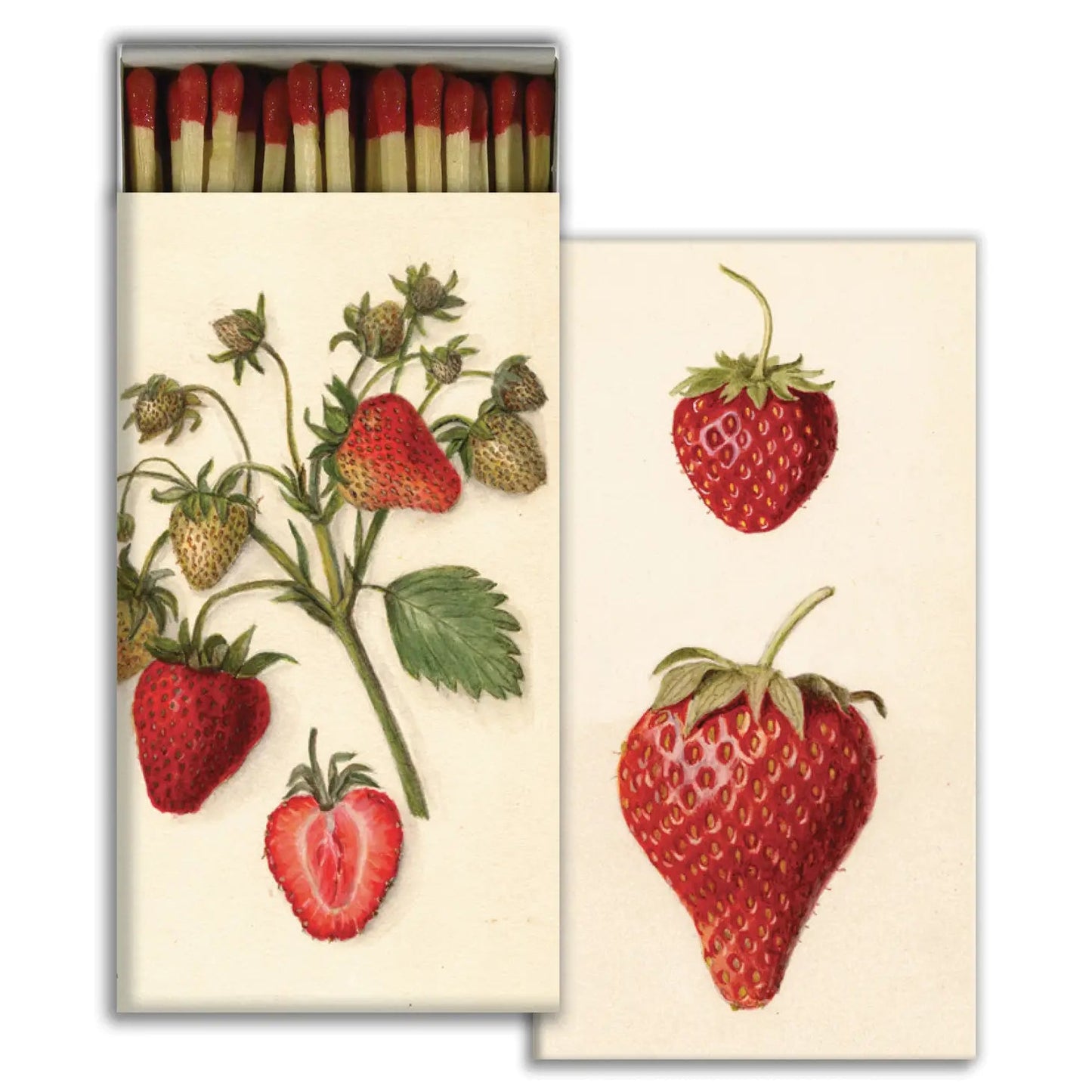 Long matchbox set with red strawberry illustrations; red match sticks visible.