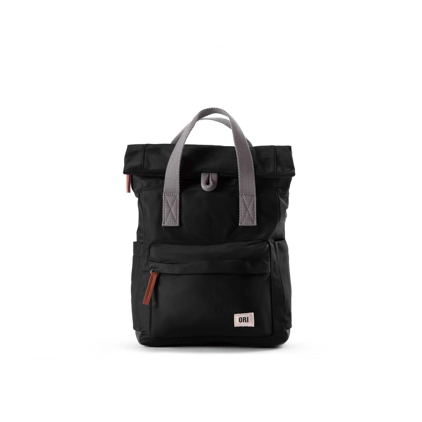Black nylon backpack with top handles, roll-top flap, and front zip pocket.