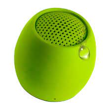 Lime green mini wireless speaker with top perforated grille and small hanging loop