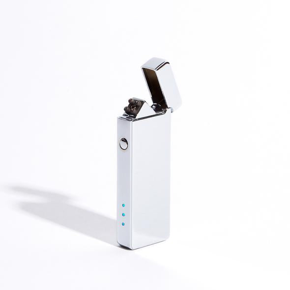 White slim USB rechargeable double-arc lighter with open flip top and blue indicator