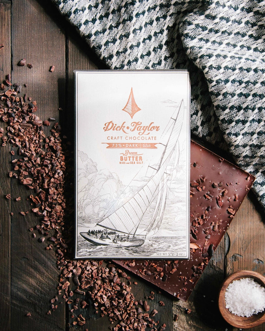 Dick Taylor dark chocolate gift box, brown butter nibs & sea salt sailboat art