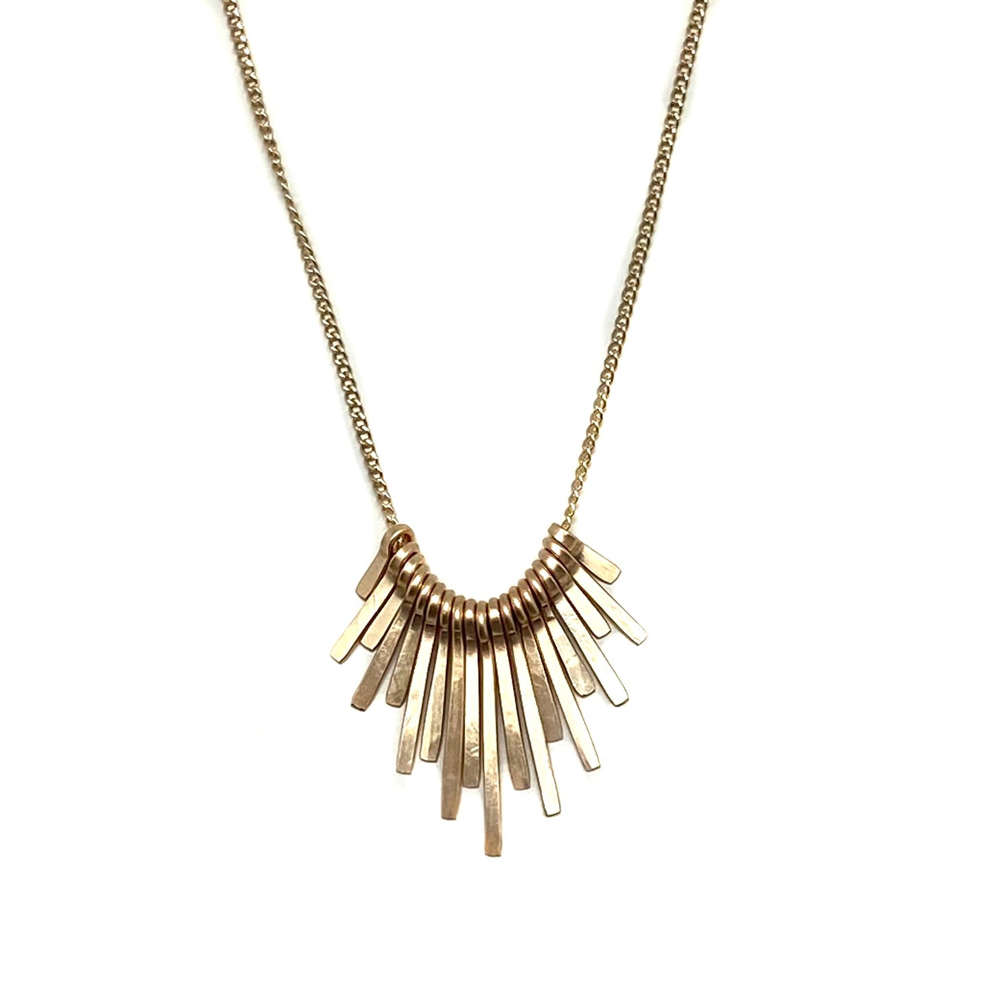 Gold-filled fringe necklace with layered gold tassel fan on chain