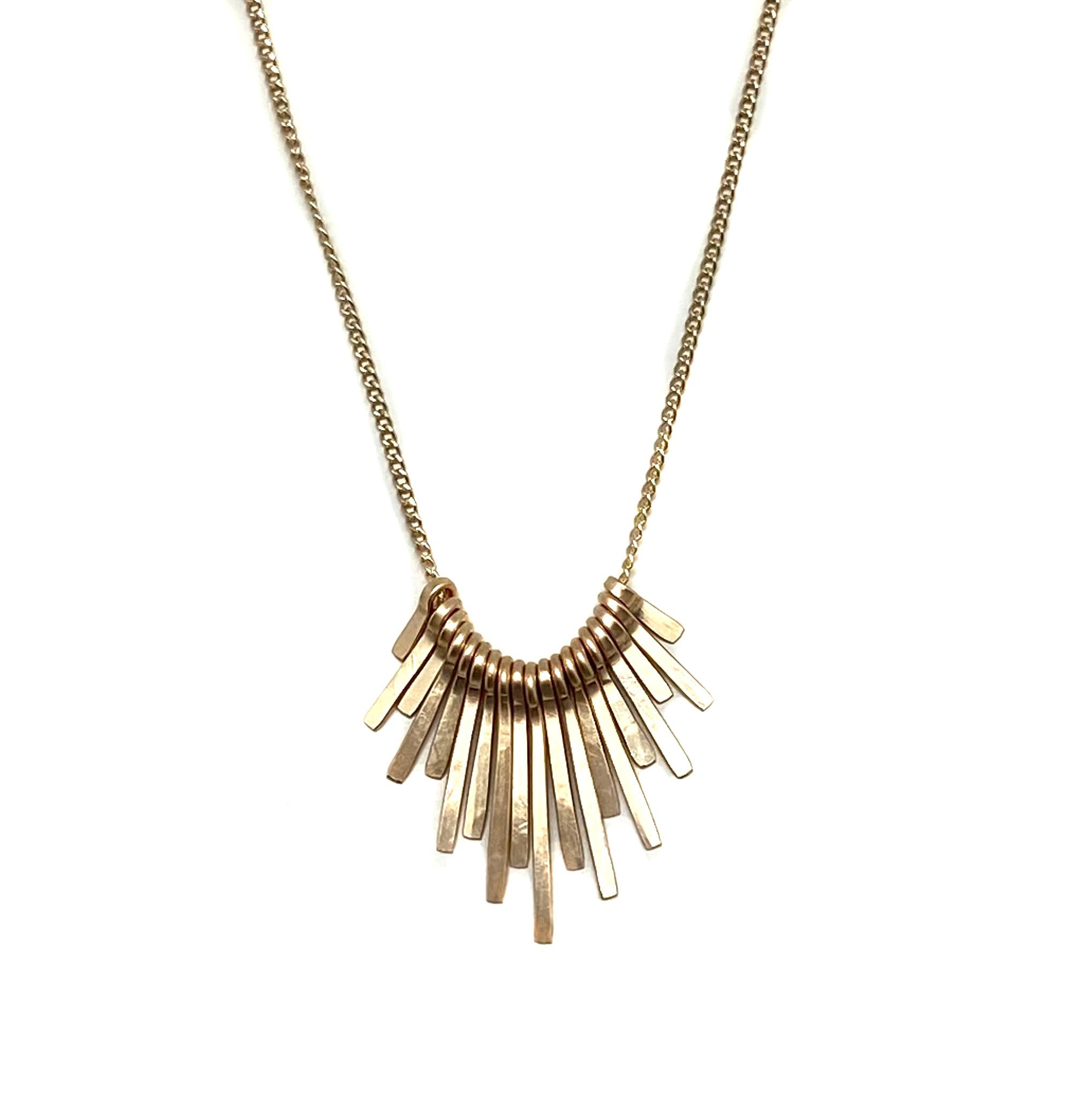Gold-filled fringe necklace with layered gold tassel fan on chain