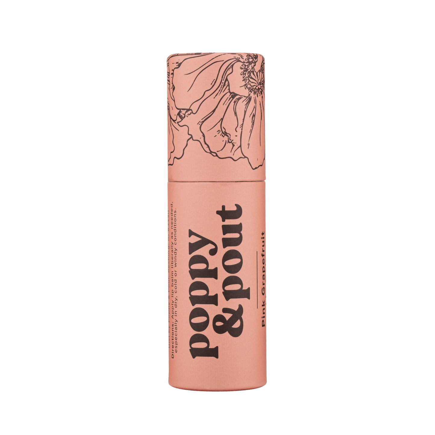 Peach pink lip balm tube with yellow cap and grapefruit-themed label