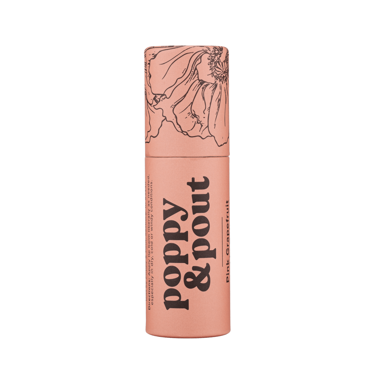 Peach pink lip balm tube with yellow cap and grapefruit-themed label
