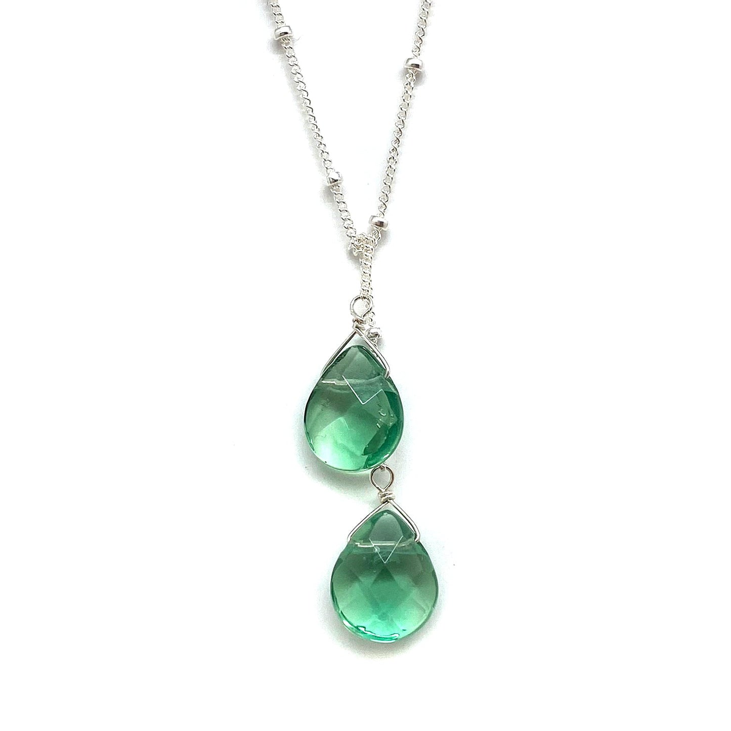 Sterling silver lariat necklace with two bright green teardrop stones
