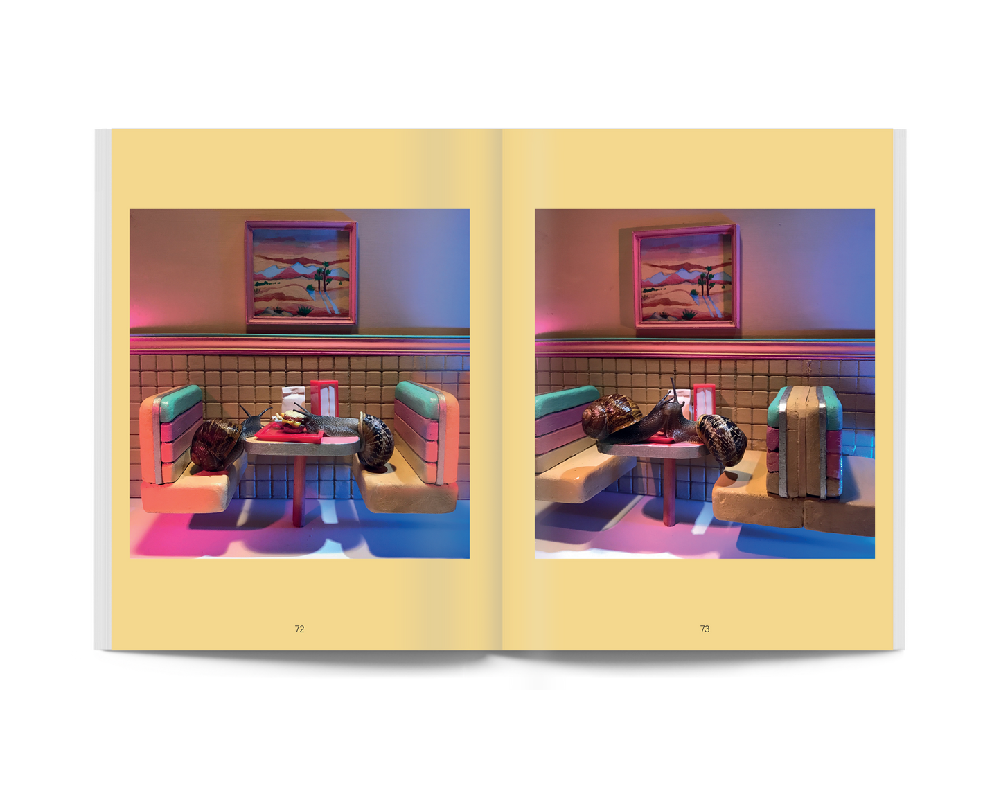 Open paperback spread with two photos of snails beside a blue table and chairs
