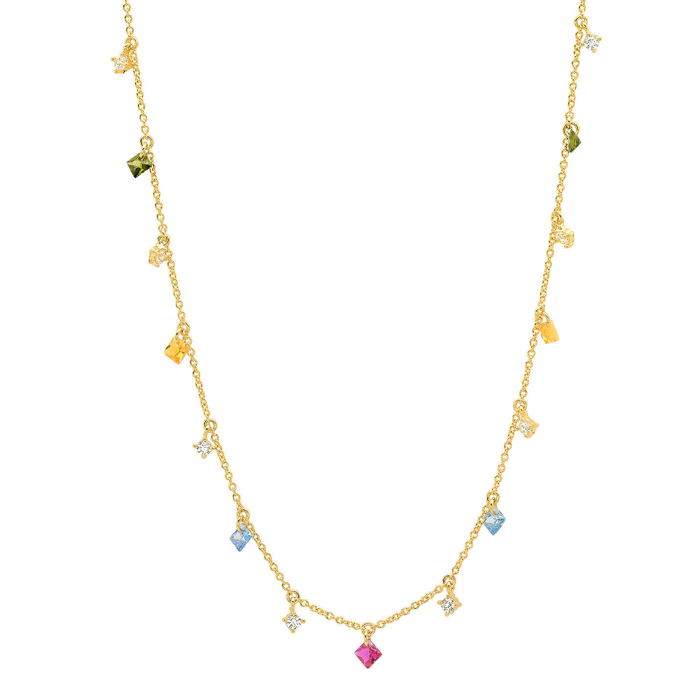 Gold-tone dangle necklace with multicolor gemstone charms and a central pink drop