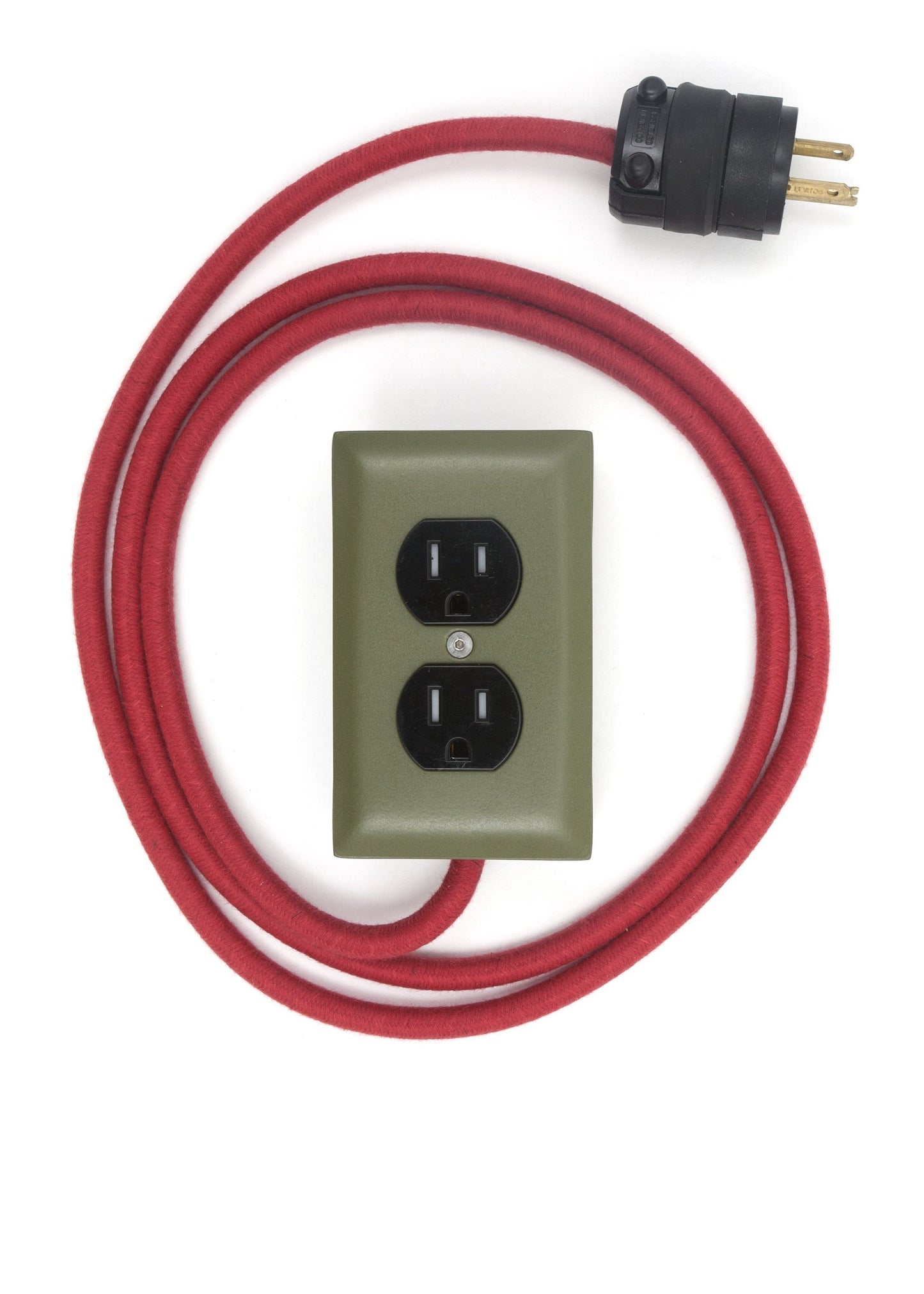 Dual outlet power cord with red braided cable and olive green outlet box