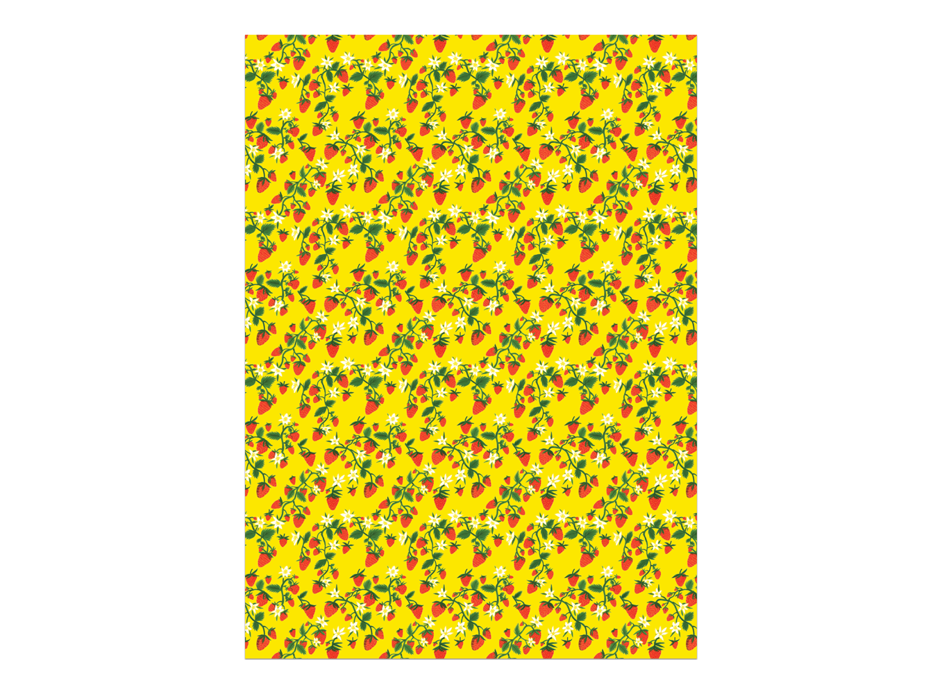 Strawberry-pattern gift wrap sheet, yellow with red and green accents