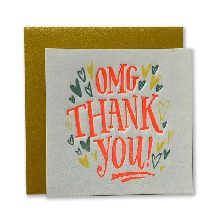 Thank-you greeting card with OMG THANK YOU text and leaf doodles