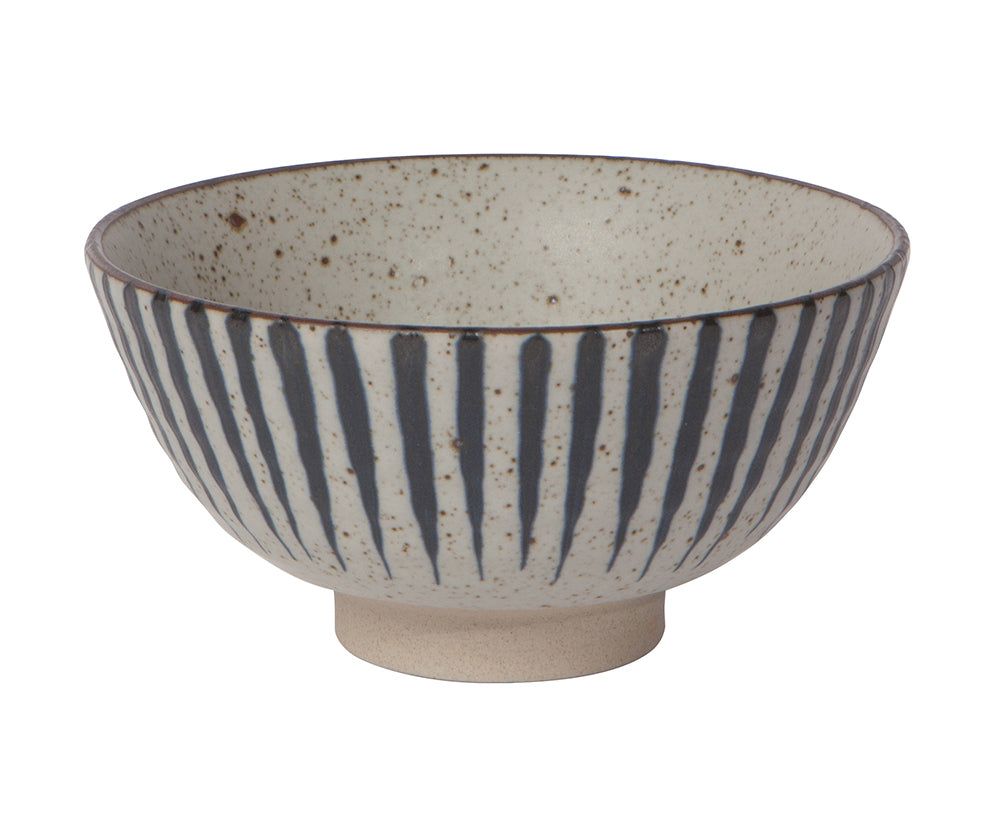 Small ceramic bowl with speckled interior and vertical blue striped pattern outside