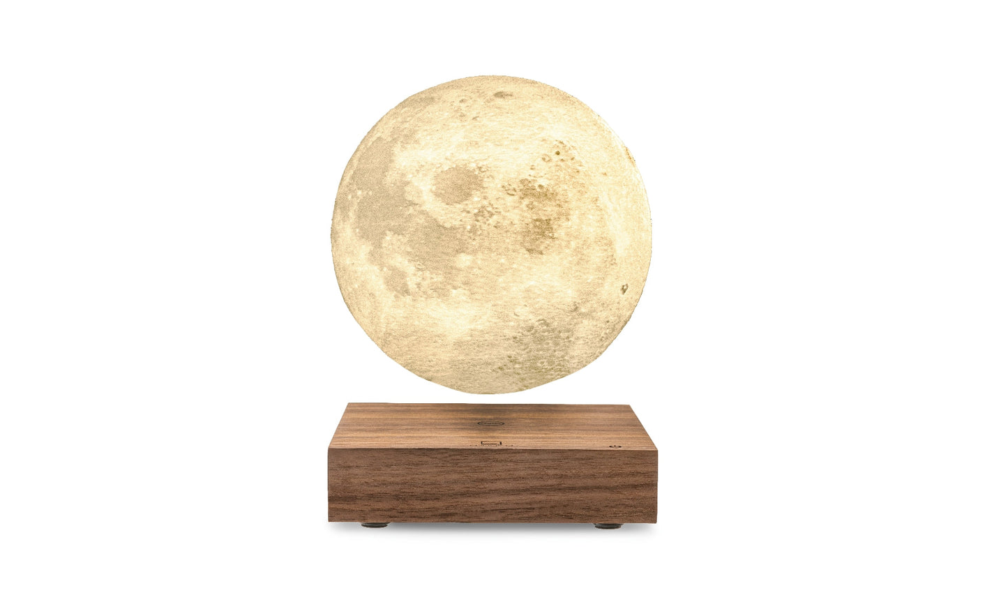 Moon-shaped lamp with glowing white sphere on wooden base