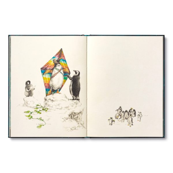 Hardcover book opened to two illustrated pages with animals and figures in a snowy scene