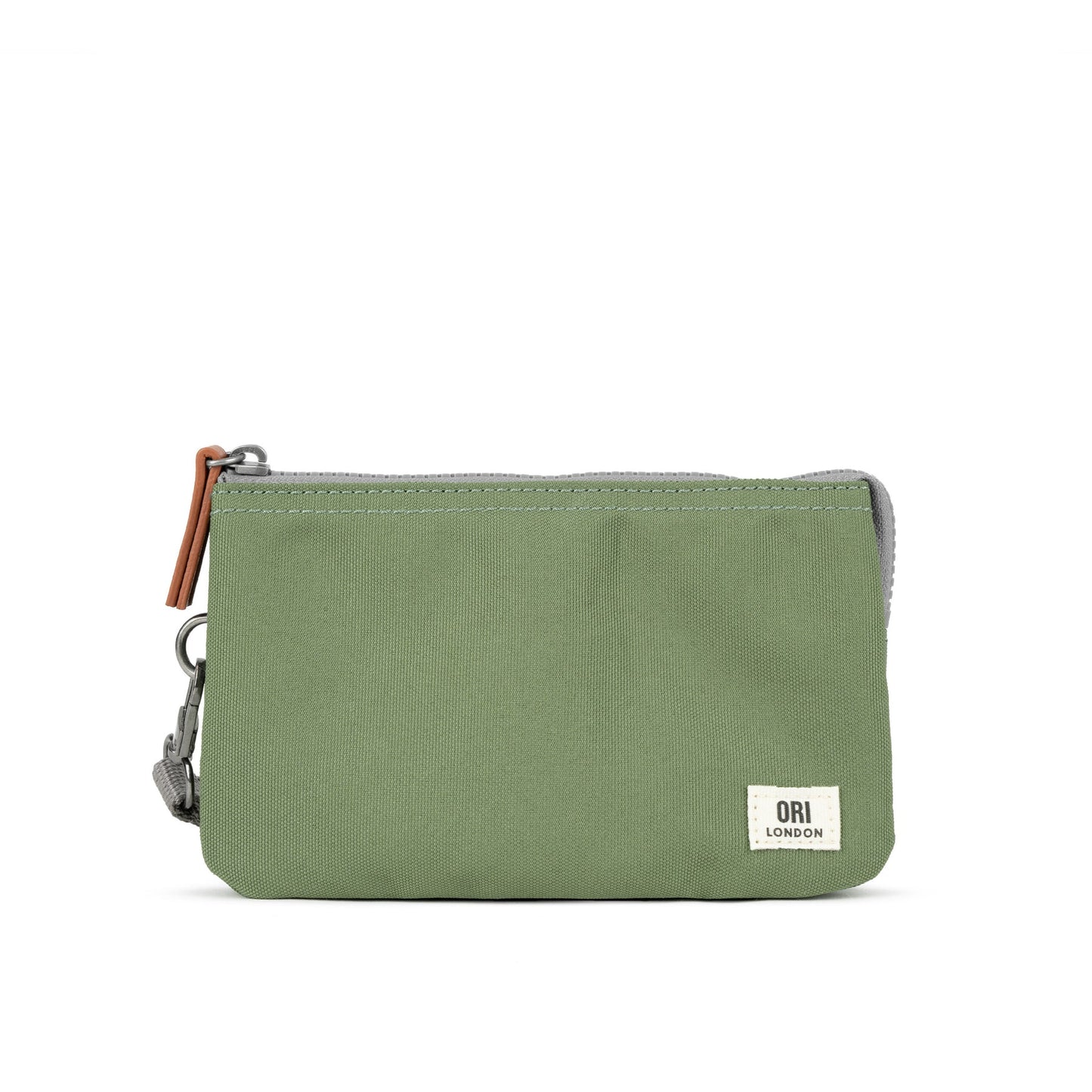Medium recycled canvas zipper pouch, olive green with front patch and zipper pull